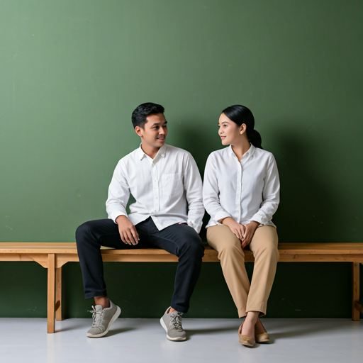Pasangan duduk berdampingan sambil saling menatap dengan tenang.